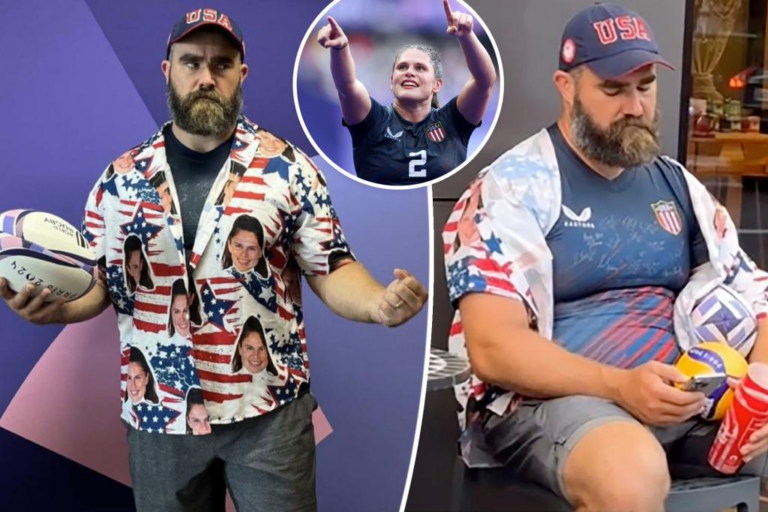 Jason Kelce wears a shirt featuring Olympic rugby star Ilona Maher’s face