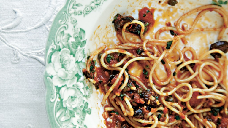 Spaghetti Puttanesca is a spicy pasta from the poorest part of Rome