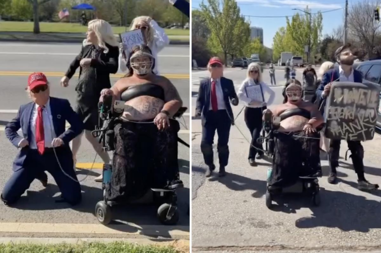 Atlanta ‘No Kings’ protest takes turn for weird as masked, wheelchair-using leftist walks Trump lookalike on leash